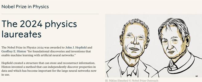 加拿大多倫多大學榮譽教授辛頓（Geoffrey Hinton）（右），美國科學家霍普菲爾德（John Hopfield）（左）共同獲得2024年諾貝爾物理學獎。資料來源／諾貝爾獎官網