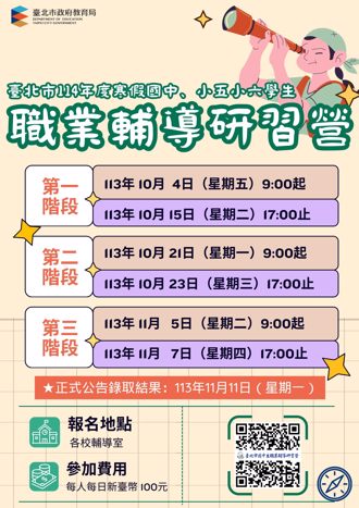 北市114年度寒假国中小生职业辅导研习营 报名截止至10月15日