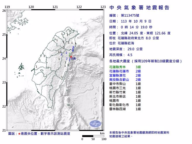 气象署发布最新地震报告。（图取自气象署网页）
