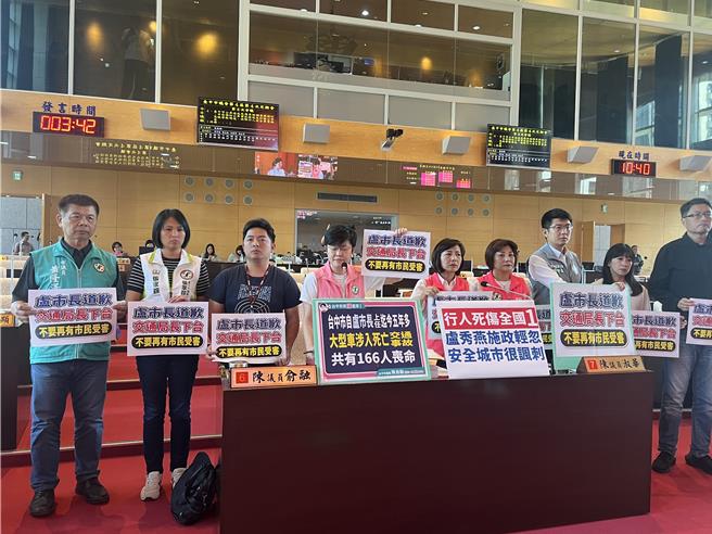 台中市議會9日進行公車死傷車禍專案報告，民進黨議員抨擊，台中市近幾年行人事故持續發生，要求市長盧秀燕道歉、交通局長葉昭甫下台。（林欣儀攝）