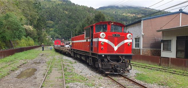 阿里山林業鐵路載運鋼軌一列工程列車，昨（8日）下午開進奮起湖車站時，第2、3節突出軌。（讀者提供／呂妍庭嘉義傳真）