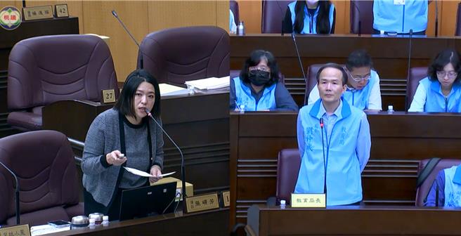 因近年來桃園市特教班級增加，桃園市議員張碩芳（左）建議教育局提升特教老師的專業度。（擷取自議會直播）