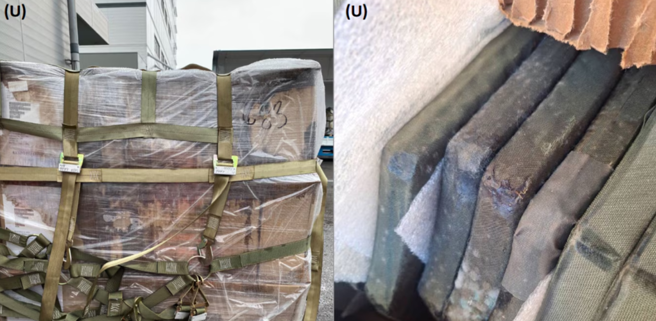 美國在台協會提供的照片顯示，美國國防部2023年運交台灣的設備，包括受損發霉的防彈衣及防彈板。國民黨立委徐巧芯也指出棧板有67％受潮的狀況，質疑國防部長顧立雄迴避問題。（圖片來源：美國之音／美國國防部監察長辦公室）