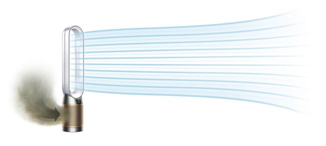 Dyson Purifier Cool De-NOx 甲醛NOx侦测凉风空气清净机TP12与Dyson Purifier Hot+Cool De-NOx 甲醛NOx侦测凉暖空气清净机HP12搭载富钾碳滤网，增加五成的二氧化氮捕捉率并于滤网锁定二氧化氮，避免造成室内空气二次污染。图为TP12。（Dyson提供）