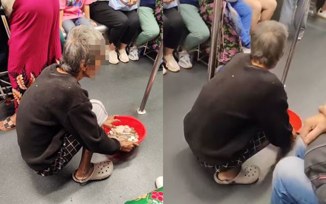 香港地鐵車廂內有位阿伯手拿著紅色臉盆，於地鐵車廂內疑似在行乞。（圖／翻攝自臉書香港突發事故報料區及討論區）