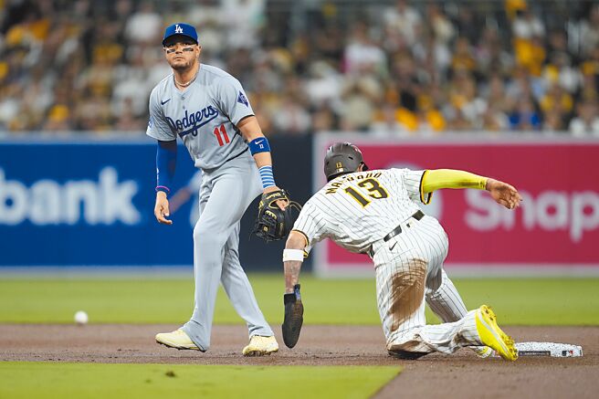 马洽多（右）2局下以技术性跑垒阻挡守备传球路线，造成道奇暴传二垒失误。（美联社）