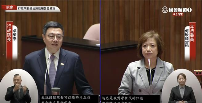 行政院長卓榮泰（左）11日接受綠委何欣純質詢，談起中午和解飯過程。（摘自國會頻道）