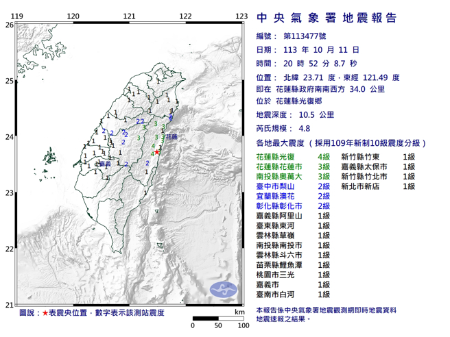 20:52花莲光復乡规模4.8地震，除了高雄、屏东与外岛，全台县市皆有感。(图／气象署)