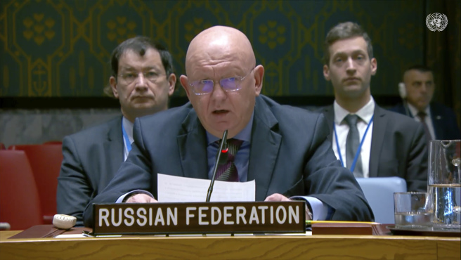 2024年10月2日，俄罗斯驻联合国大使涅班济亚（Vasily Nebenzia）出席联合国安理会会议照。（美联社）