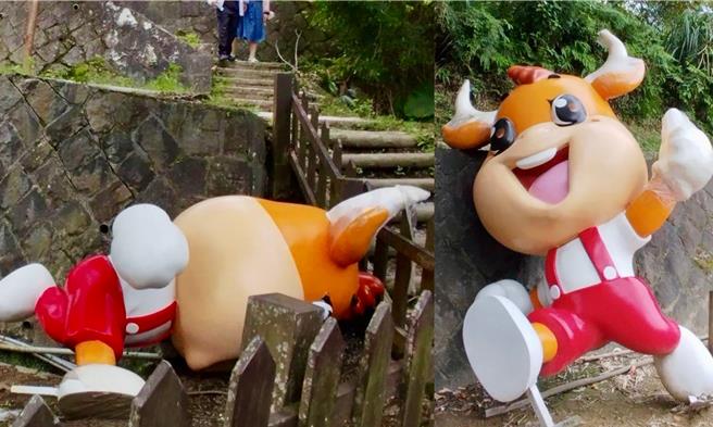 國民黨台北市議員王欣儀12日表示，日前接獲民眾陳情，在貓空樟樹步道登高健行時，途中卻驚見2隻「可愛版牛牛」裝置物已傾倒，其中一隻甚至已趴倒在地多日，且無人扶起。（王欣儀辦公室提供／丁上程台北傳真）