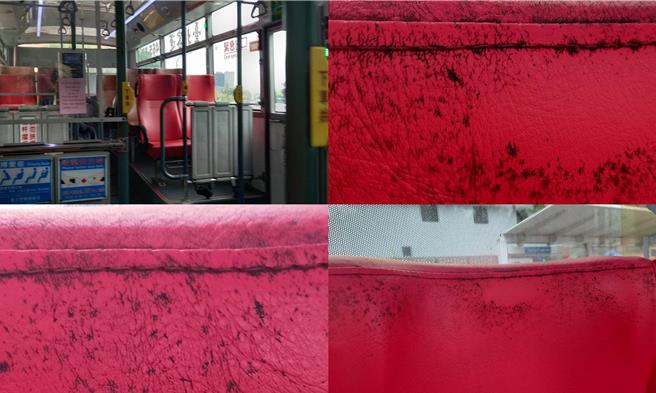 國民黨台北市議員張斯綱表示，近日接獲民眾陳情，表示從搭乘公館至懷愛館的懷恩專車時，發現座椅上有大量汙漬，甚至近看竟發現座椅滿是霉斑，嚴重影響乘客觀感。（張斯綱提供／丁上程台北傳真）