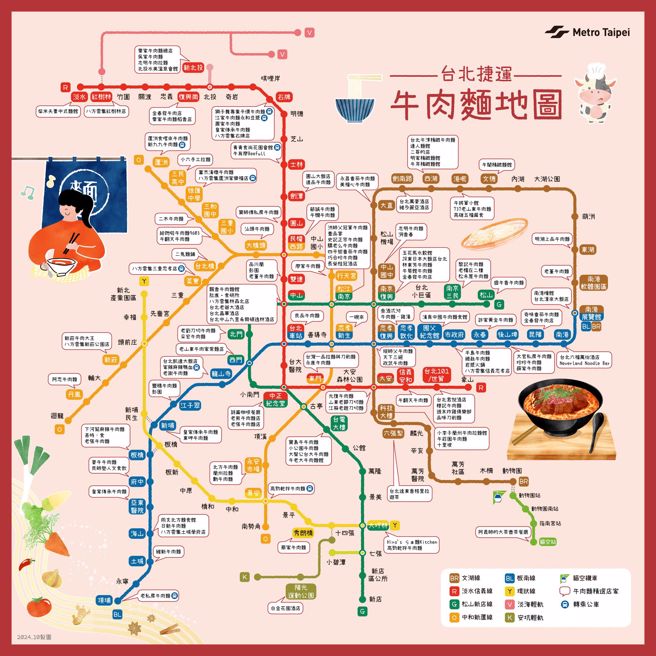 北捷分享全新地图，标注每一个捷运站周边的牛肉麵店。（图／翻摄自台北捷运脸书）