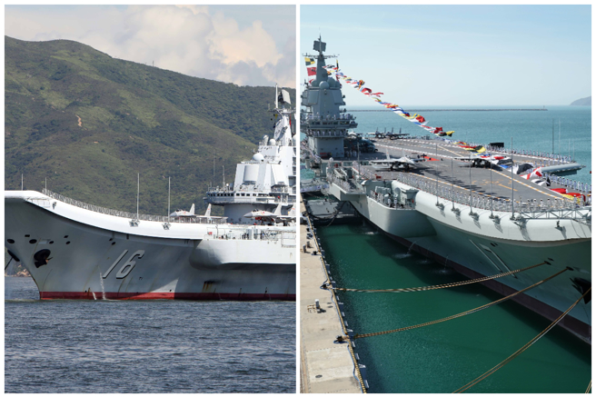 共军辽寧号（左）与山东号（右）近日被卫星拍到同时现身三亚军港的影像。（合成图，素材取自中新社、新华社）