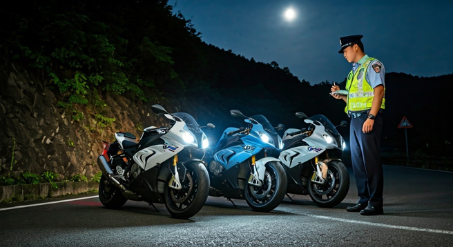 台中警方在山路拦下两辆红牌重机，根据耳朵听很大声，就开车验车单，引发网友热议。（示意图、与本案无关／AI生成）