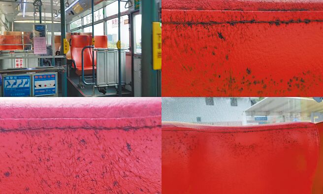 國民黨台北市議員張斯綱表示，近日接獲民眾陳情，表示從搭乘公館至懷愛館的懷恩專車時，發現座椅上有大量汙漬，甚至近看竟發現座椅滿是霉斑，嚴重影響乘客觀感。（張斯綱提供／丁上程台北傳真）