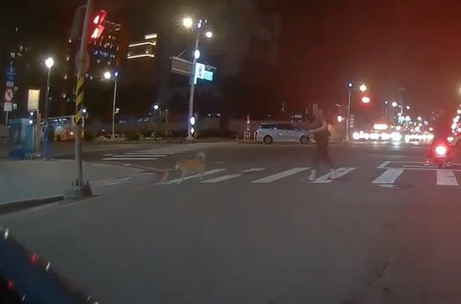 台中有婦人牽狗過馬路，沒想到愛犬疑似發現已變紅燈，竟努力掙脫圈繩往回走上人行道，婦人也趕緊走回人行道上。（圖／翻攝自WoWtchout - 地圖型行車影像分享平台）