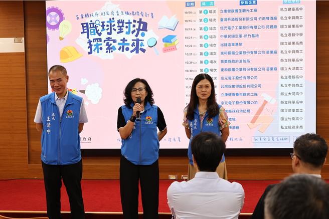 苗栗县政府劳青处14日推出「青年职场探索计画」，邀请县内京元电子等共15家企业代表，以及学校师长及学生共同参与，苗栗县副长邱俐俐希望藉以让高职学生及早规画职场方向。（谢明俊摄）