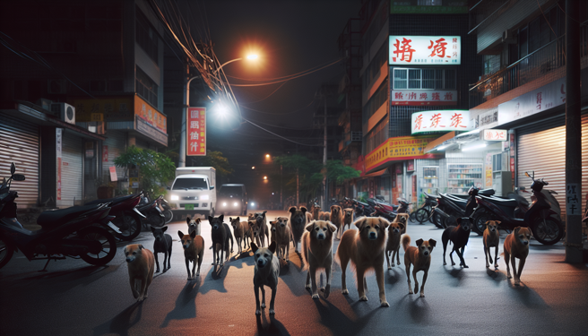 2024年10月14日彰化縣／民眾上傳的照片中，有將近30隻狗成群浩浩蕩蕩過馬路，宛如軍隊過境聲勢浩大，引發民眾討論。（示意圖／AI生成）