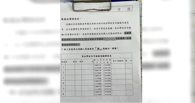 有读者向周刊爆料，有高中发放发放青年服勤同意书，疑似徵求未来动员战时状态高中学生自愿参加后勤工作。教育部回应并无此表单。（图／翻摄CTWANT）