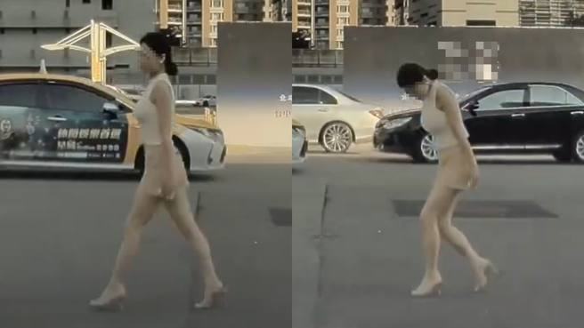 正妹行人修長的美腿配上高跟鞋，且經過時還對駕駛點頭致意，畫面相當心悅目。（翻攝自WoWtchout - 地圖型行車影像分享平台）