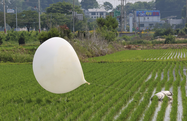 疑似北韓氣球6月墜落南韓仁川農田的資料照。（美聯社）