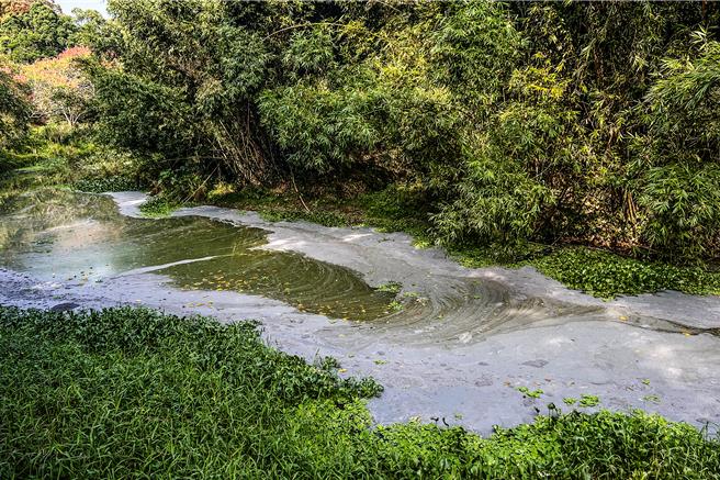 峨眉乡石井溪污染，环保局指是喷漆类的粉状事业废弃物，疑业者偷排入石井溪「毁尸灭迹」，将併案交由警方查办。（新竹县环保局提供／罗浚滨新竹传真） 
