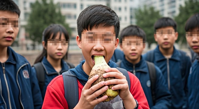 大陆一名15岁少年在野外跟同学打赌，手拿姑婆芋当作芋头啃食，马上身体出现状况被送医险死。（示意图、与本案无关／AI生成）