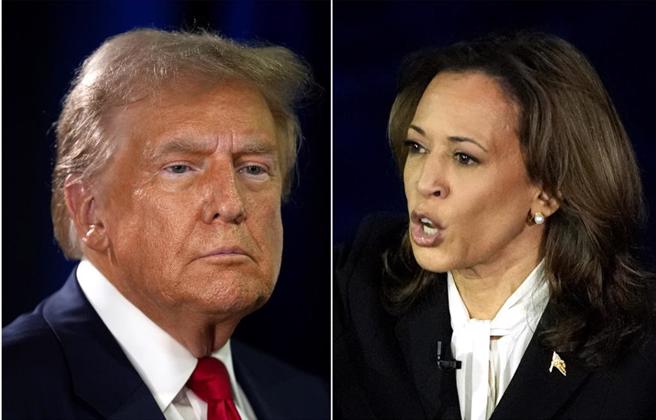 郭正亮认为，对岸无意让川普(左)、贺锦丽(右)表态引发变数，所以联合利剑早早收工。（合成图／示意图／美联社）