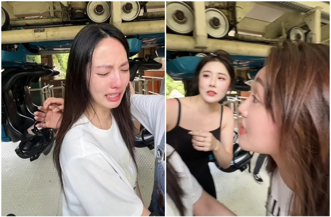 女星阿諾玩雲霄飛車被嚇哭，好友劉璇、張文綺紛紛安慰她。（圖／攝自IG@qqshanny）
