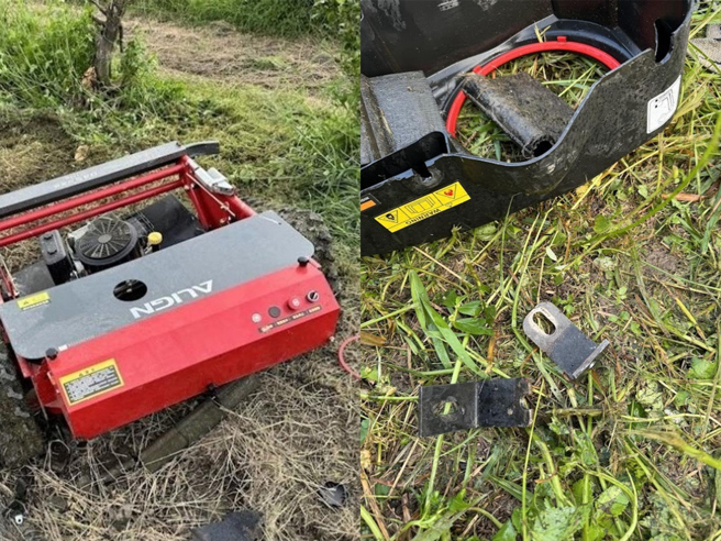 张姓公务员花9.3万元买的遥控割草机号称台湾研发制造，大陆淘宝网站也有3家在卖，价格更便宜；购入之遥控割草机使用4个月后解体。（民眾提供）