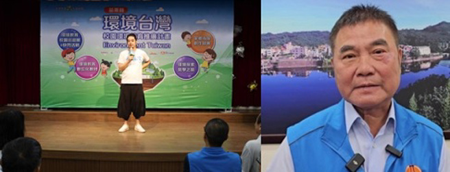 左圖為齊廷洹10月9日赴後龍鎮中和國小致詞。右圖為鍾東錦16日上午再度為員工犯錯，向齊廷洹道歉。（合成圖/謝明俊攝、讀者提供）