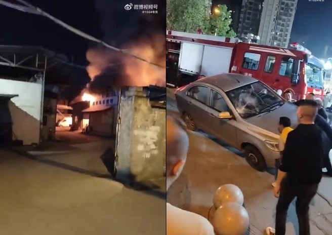 大陆地区有消防车前往救灾被违规车辆阻挡，民眾竟合力把车推翻让消防车过。（图／翻摄微博）