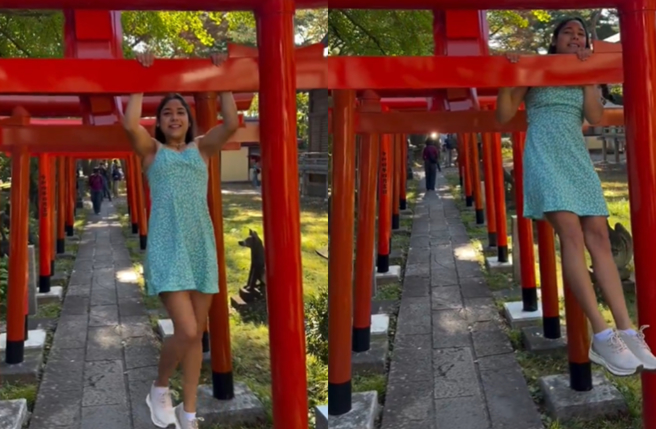 佩雷斯掛在鳥居上做引體向上。（圖／IG@mmgymsisters）