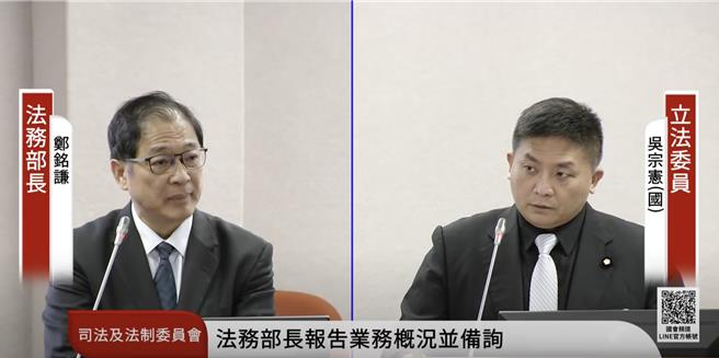 國民黨立委吳宗憲（右）17日質詢法務部長鄭明謙（左）。（摘自國會頻道）