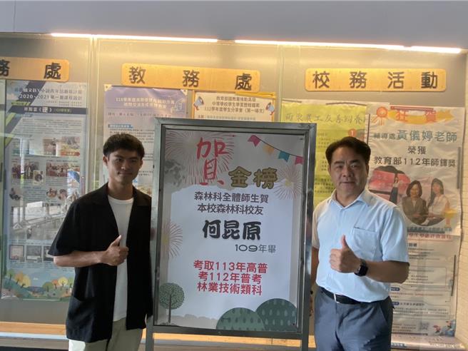苗栗县国立苗栗农工森林科校友何昆源（左）荣获高普考双榜及第。（苗栗农工提供／谢明俊苗栗传真）