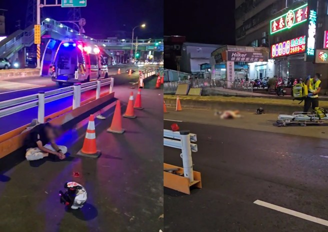 男骑士意识清楚坐在路边，后座女子倒卧快车道重度昏迷。（民眾提供）