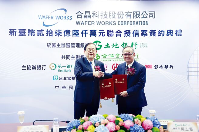 土地銀行總經理張志堅（右）代表銀行團與合晶科技董事長焦平海（左）完成簽署聯合授信案。圖／土地銀行提供