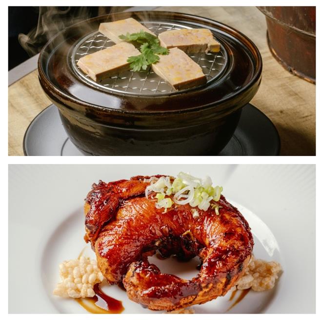 「煙燻鹵水鴨肝饅頭」（上圖）與「豉油皇干邑龍蝦尾」。（台北寒舍艾美提供）