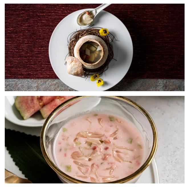 「原個椰皇海帶燉鮮鮑魚」（上圖）與「椰果石榴甘露」。（台北寒舍艾美提供）
