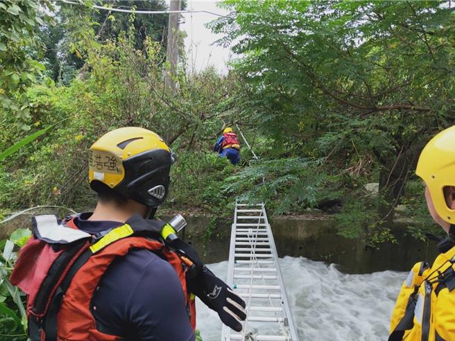 因当天水势过于凶猛，警消先绕开溢洪道，在另一边水沟架设梯子，爬过去与刘妇会合，协助刘妇穿上安全设备后，再引导她慢慢爬过梯子抵达安全区域获救。（东势警分局提供／张妍溱台中传真）