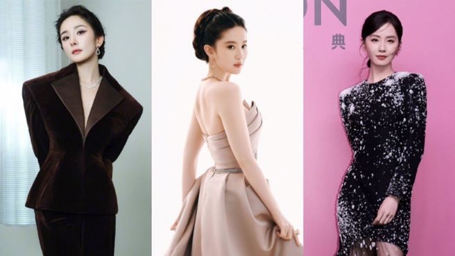 85花女星刘亦菲、杨幂、刘诗诗同场走秀。（图／翻摄自微博）