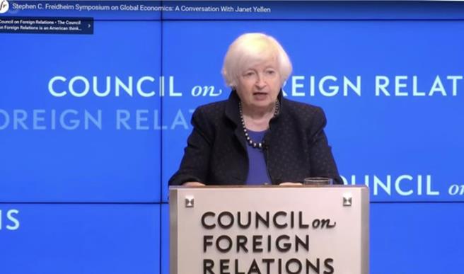 美國財政部長葉倫10月17日在美國外交關係協會就「拜登政府的國際經濟政策」發表演講。（影音截圖，美國外交關係協會官網）