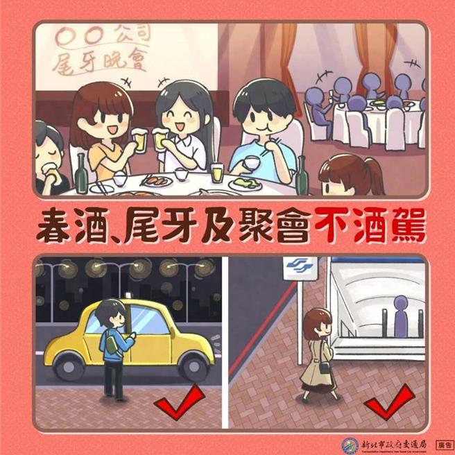 新北市交通局提醒驾驶酒后勿开车。（新北市交通局提供）★《中时新闻网》关心您：饮酒过量，有碍健康。酒后不开车，安全有保障！