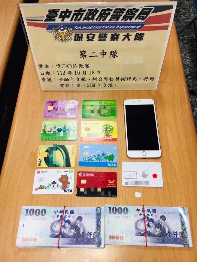 台中市24岁傅姓男子18日凌晨因违停路边被警方关心，警方见傅男神色慌张且右手紧抓中央扶手置物箱，相当可疑，盘问下对方坦承担任诈团车手。（台中市保大提供／潘虹恩台中传真）