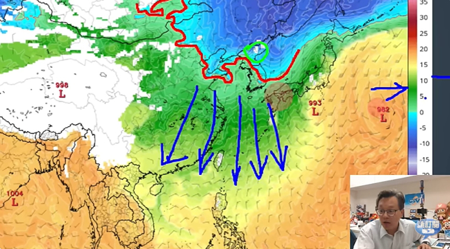 戴立綱指出，28日更強的冷空氣南下，預估台北低溫下探16度。（翻攝戴立綱YouTube）