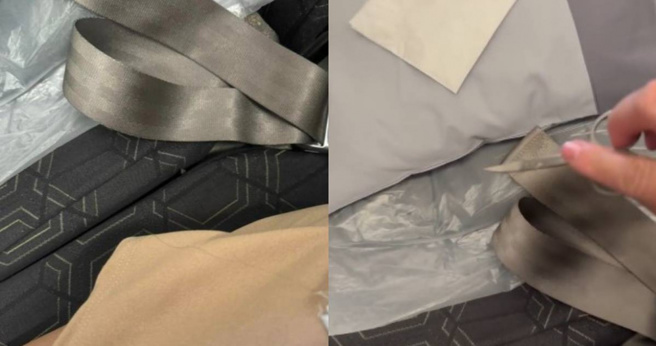 女客人坐下大腿感到刺痛，起身一看竟发现一把小剪刀插在椅缝，尖头朝上，气得他要求国籍航空给交代。(图／爆料公社)