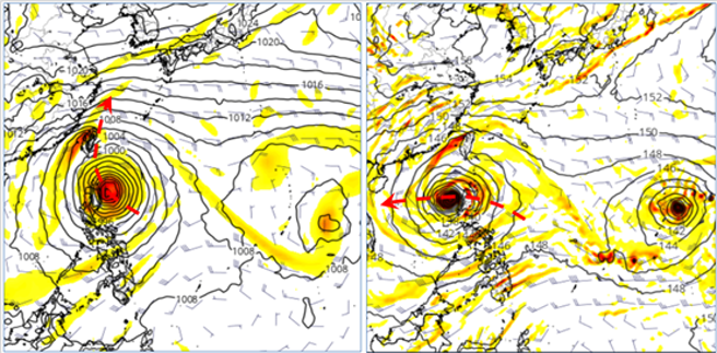 左图：最新（19日20时）欧洲（ECMWF）模式25日20时模拟图显示、扰动前进至吕宋岛东北角，未来转向台湾东部近海，闯进警报区。右图：美国（GFS）模式25日20时模拟图则为、已通过吕宋岛北部，未来向南海前进。

