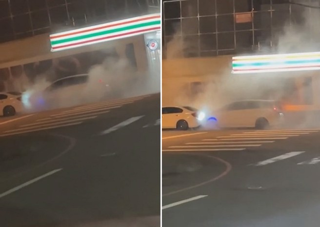 苗栗竹南有輛白色轎車，在超商前原地燒胎，被網友拍下並說是抽喪屍菸彈屍變了。（翻攝爆料公社）