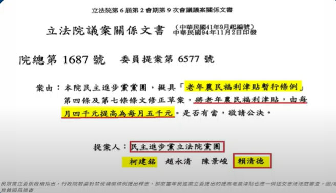 民國94年，時任民進黨立委賴清德與柯建銘曾經提案調高老農津貼。（取自郭正亮直播）