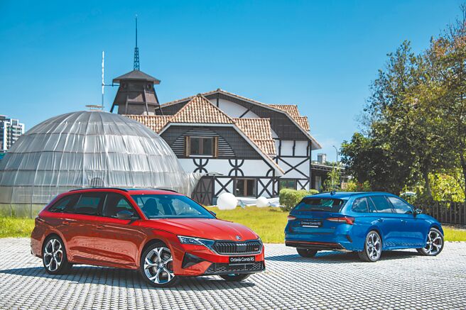 SKODA Octavia Combi RS外觀大量使用黑化元素，全新造型的定位燈畫龍點睛，展現更加靈動的風格。（陳大任攝）